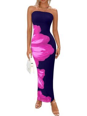 Women's Navy Rose Red Floral Summer Strapless Maxi Dress Formal Tube Mesh Dress